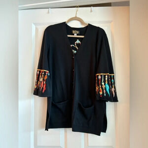 Bob Mackie Wearable Art Sweater Womens L Black Button Up Dream Catcher Feather L